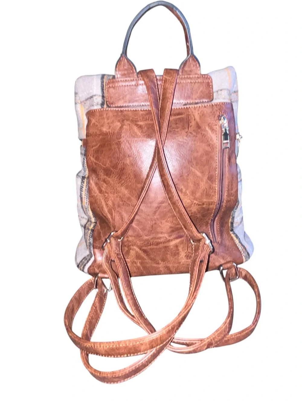 Plaid Wool Backpack with Brown Leather Straps - Beige and Orange